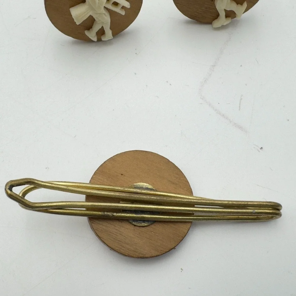 Vintage Cufflinks Tie Bar Set Wood Plastic Chimney Sweep Man Roof Ladder